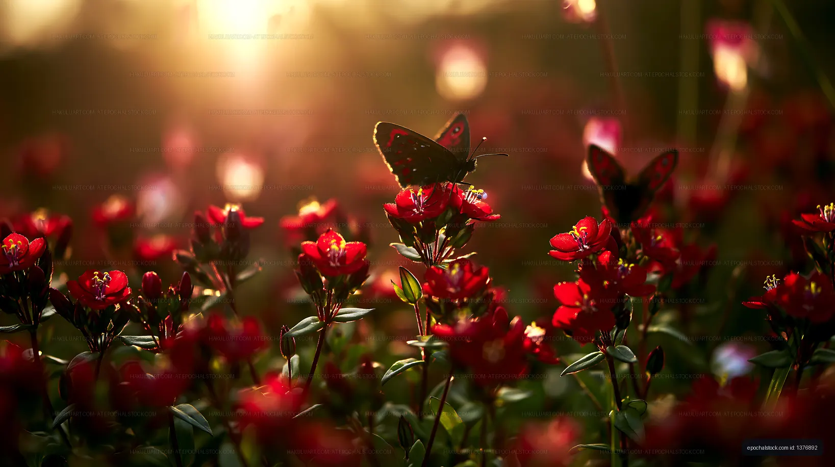 Butterfly landing on red flowers during sunset