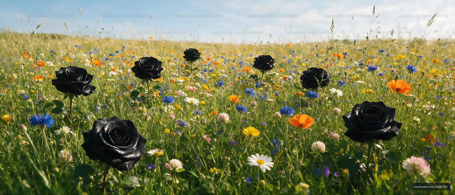 Black roses among colorful flowers in a vibrant field