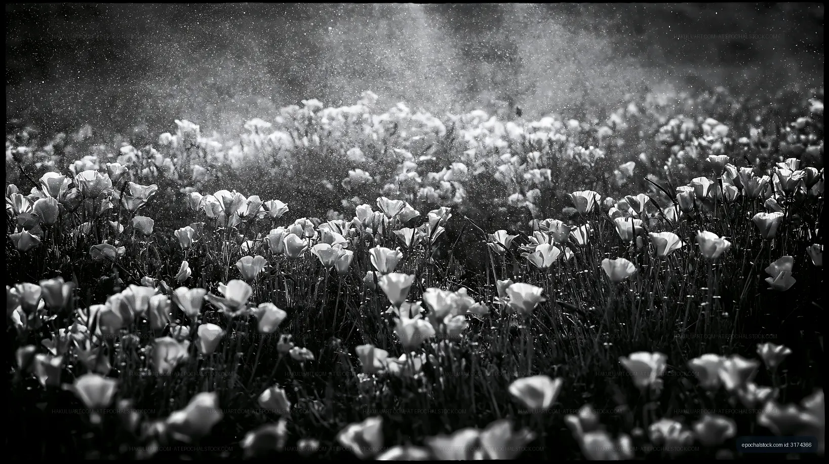Field of flowers in black and white with light and mist