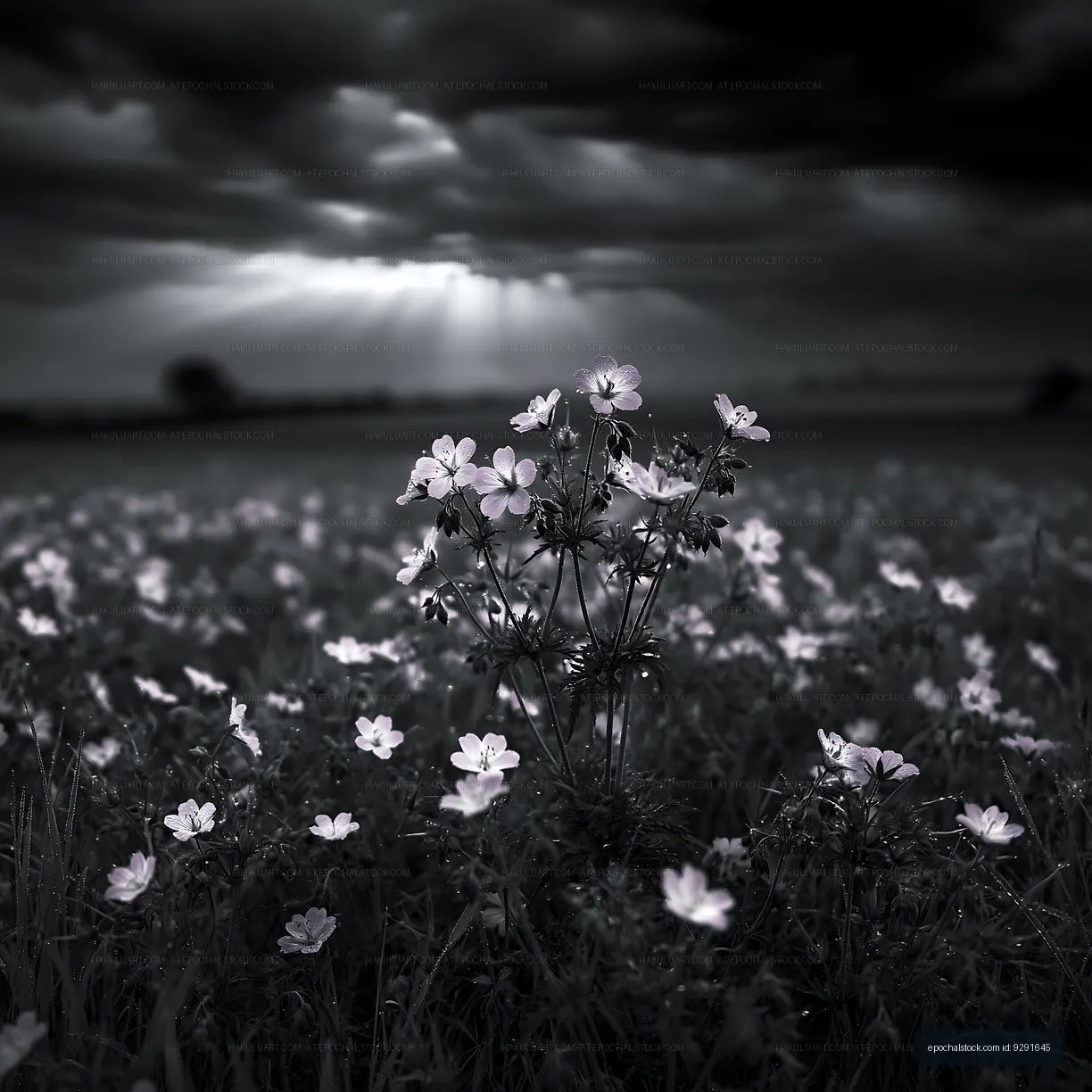 Flowers in a field under dark clouds with light rays