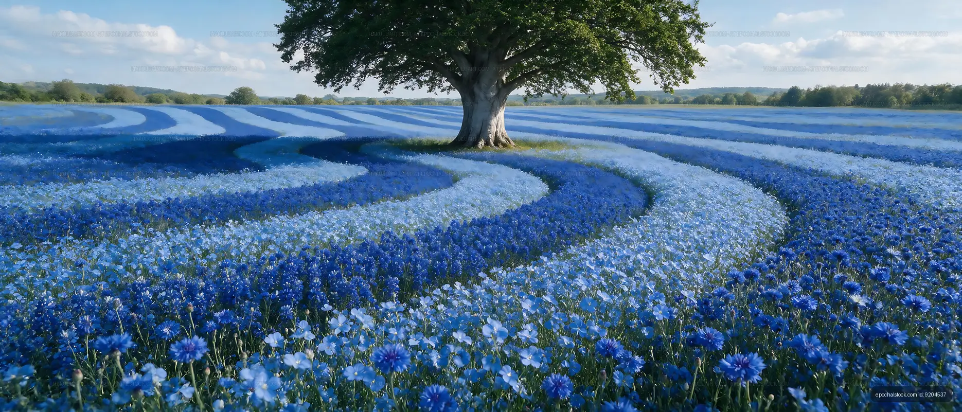 Curved patterns of blue flowers under a large tree in a field