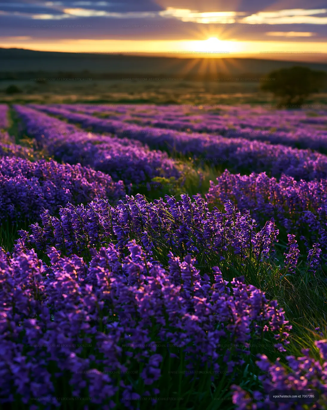 Lavender fields stretch under a sunset in the countryside