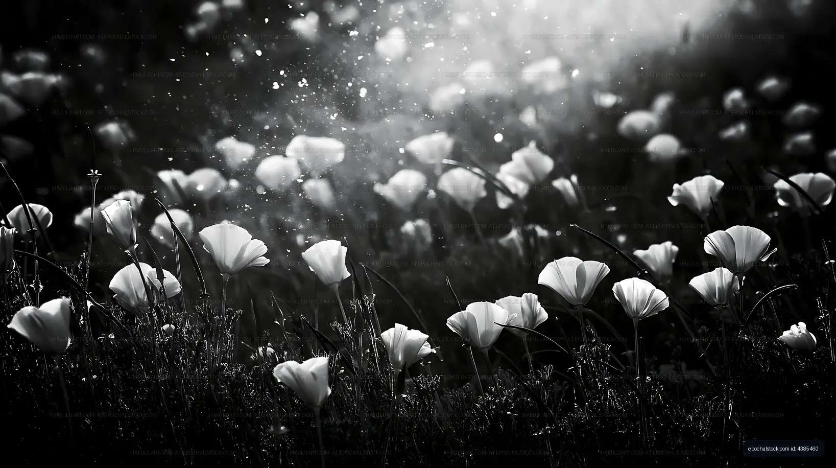 White flowers in a field with sunlight and dust particles