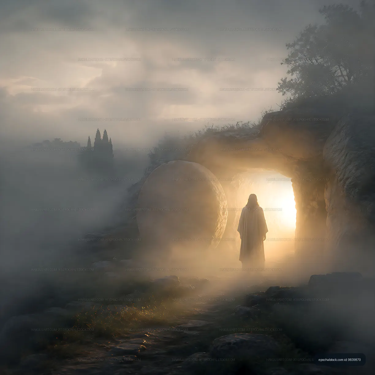 Light emerging from cave with figure in foggy landscape