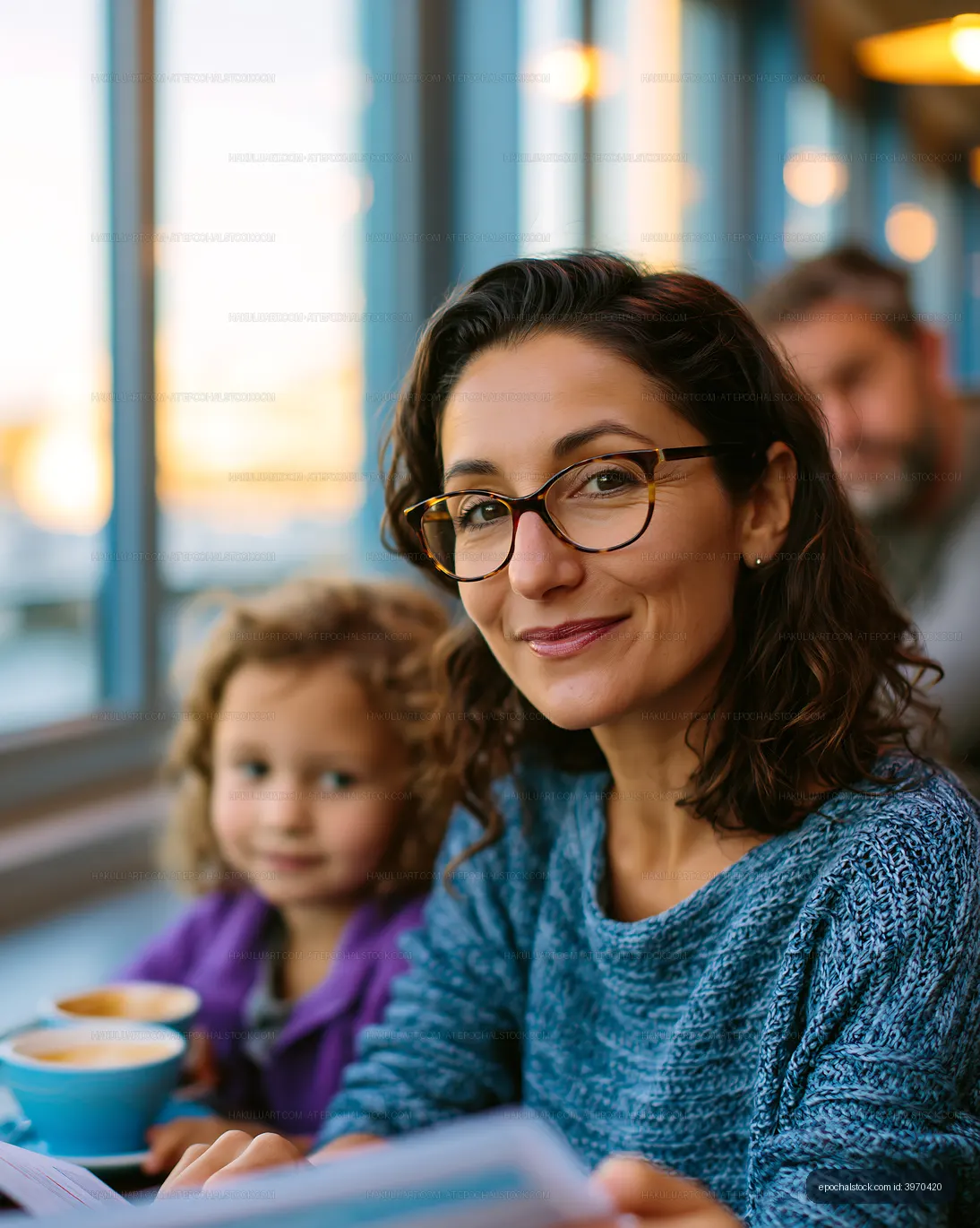 Woman and child at cafe enjoying drinks