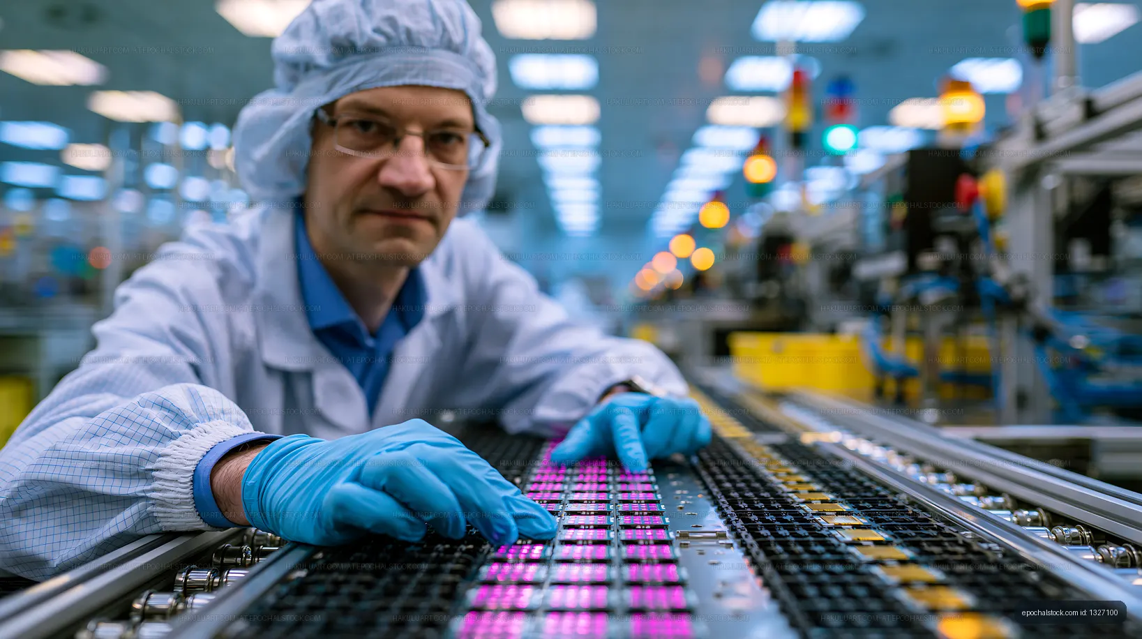 Worker inspecting circuit boards in a manufacturing facility