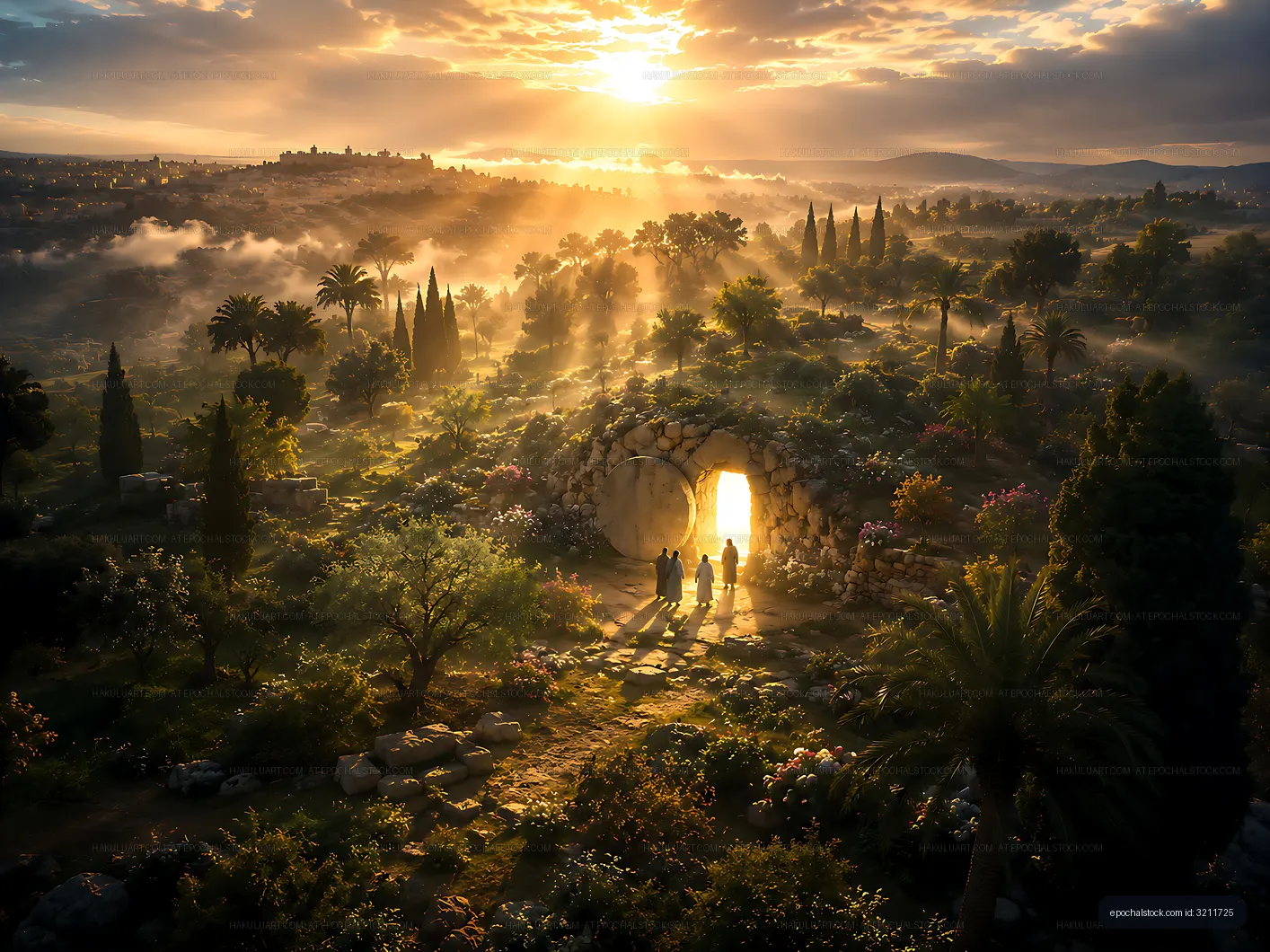 Sunrise over a garden with people near a stone tomb