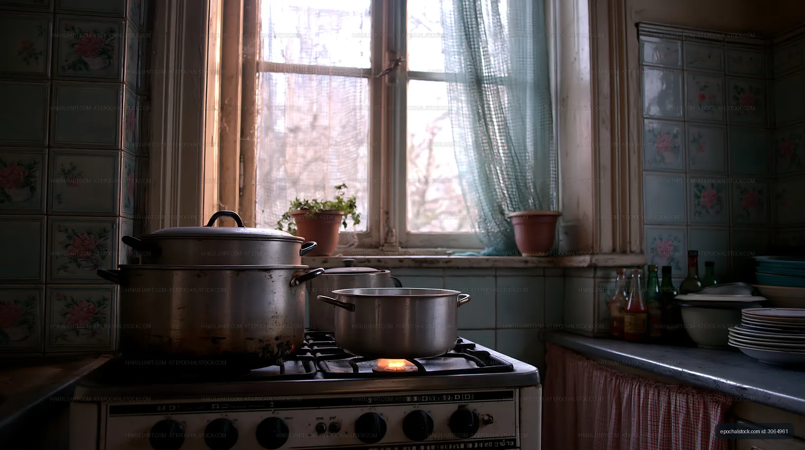 Old kitchen with pots on stove and sunlight through window