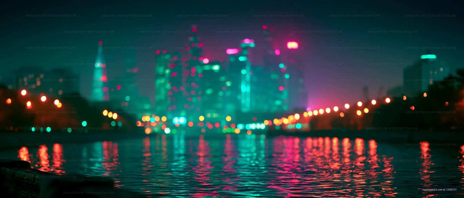 City skyline at night with buildings and colorful lights