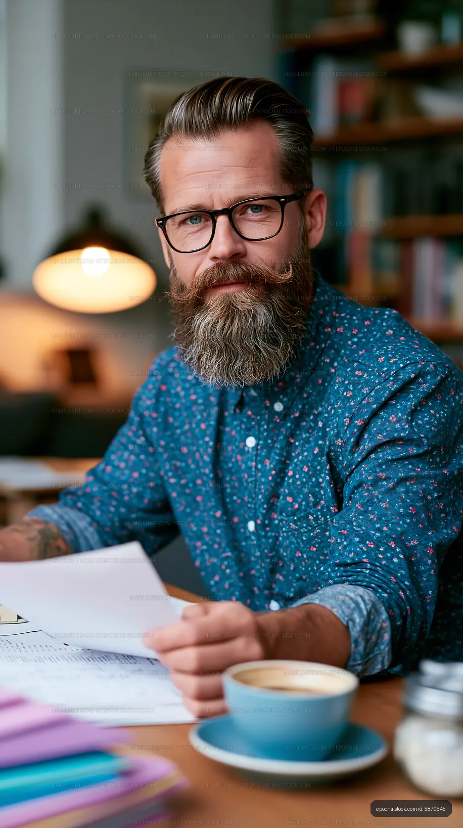 Man with glasses and a beard holding paper in an office setting