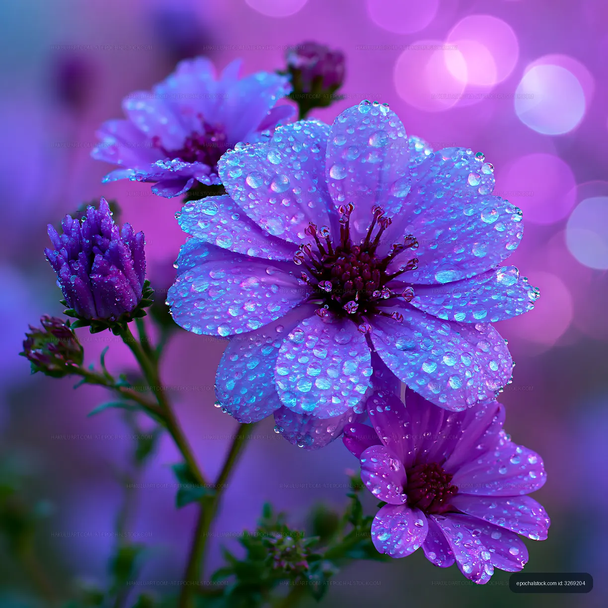 Purple flowers with water droplets in soft bokeh background