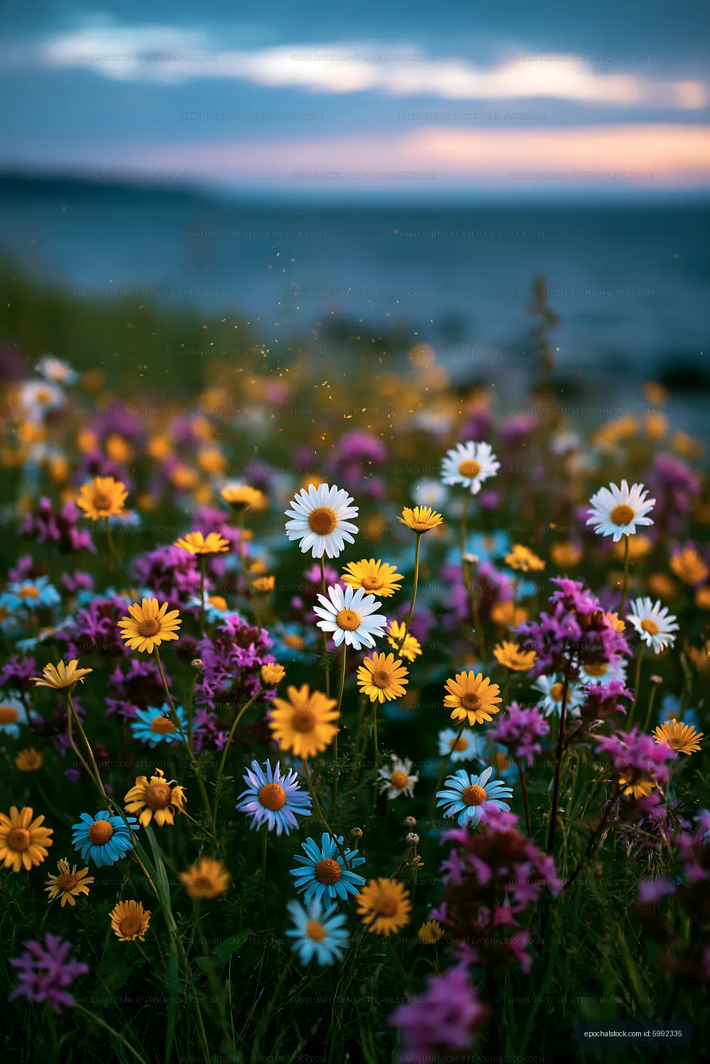 Colorful wildflowers bloom near a lake during sunset