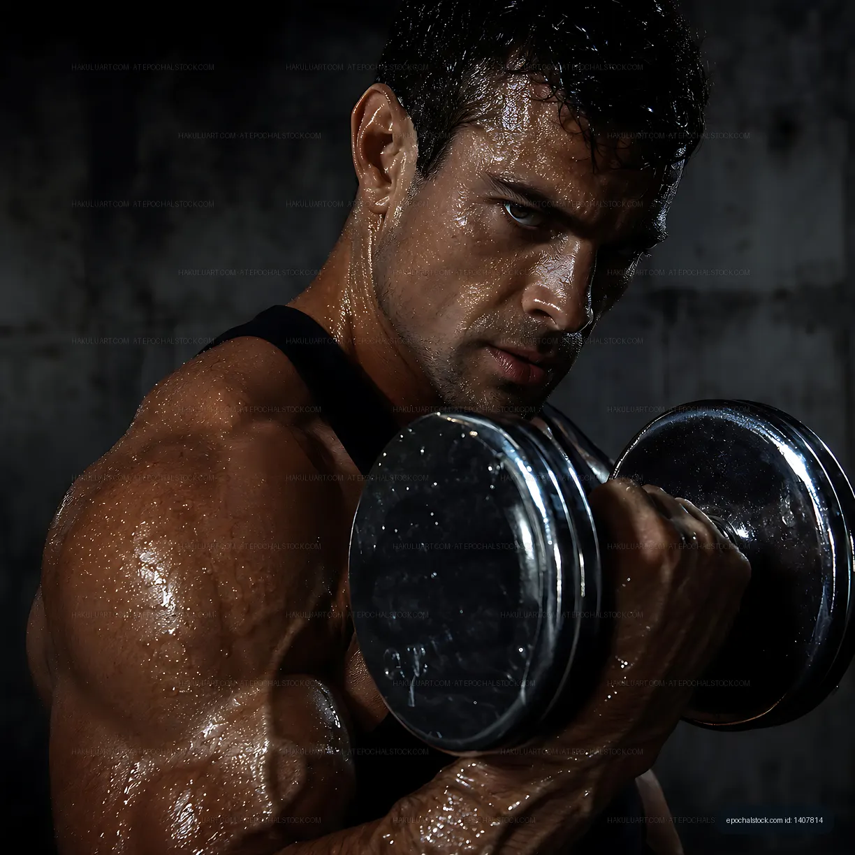 Man lifting dumbbell in a gym with intense focus