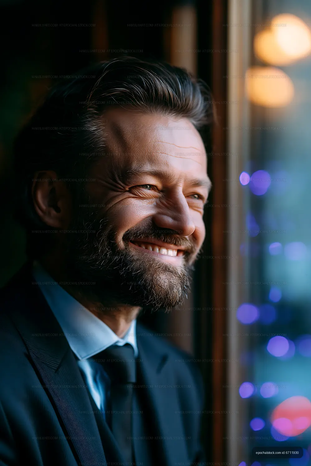 Man smiling by a window with soft lighting in a cozy setting