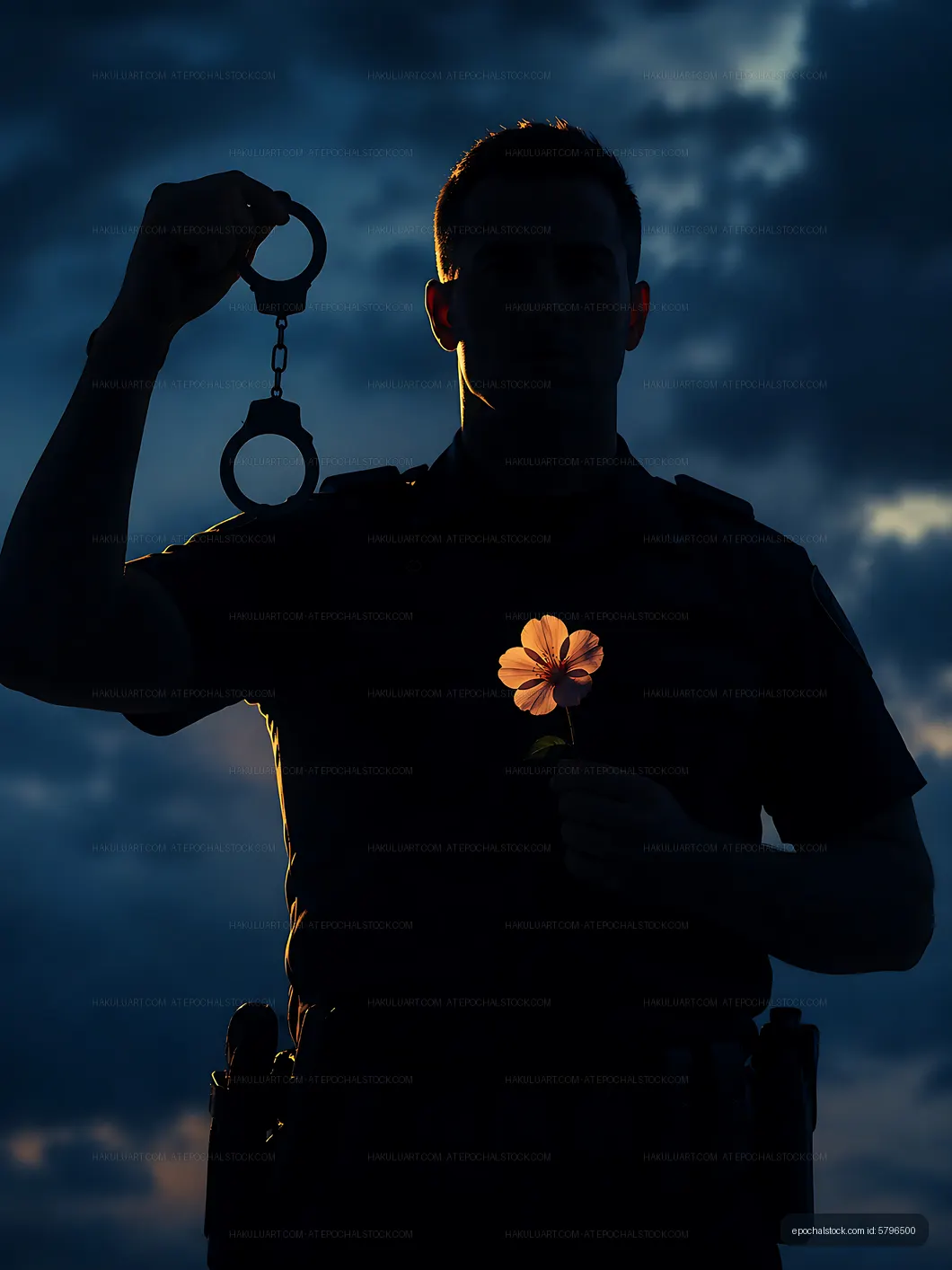 Police officer holding handcuffs and a flower against dark sky