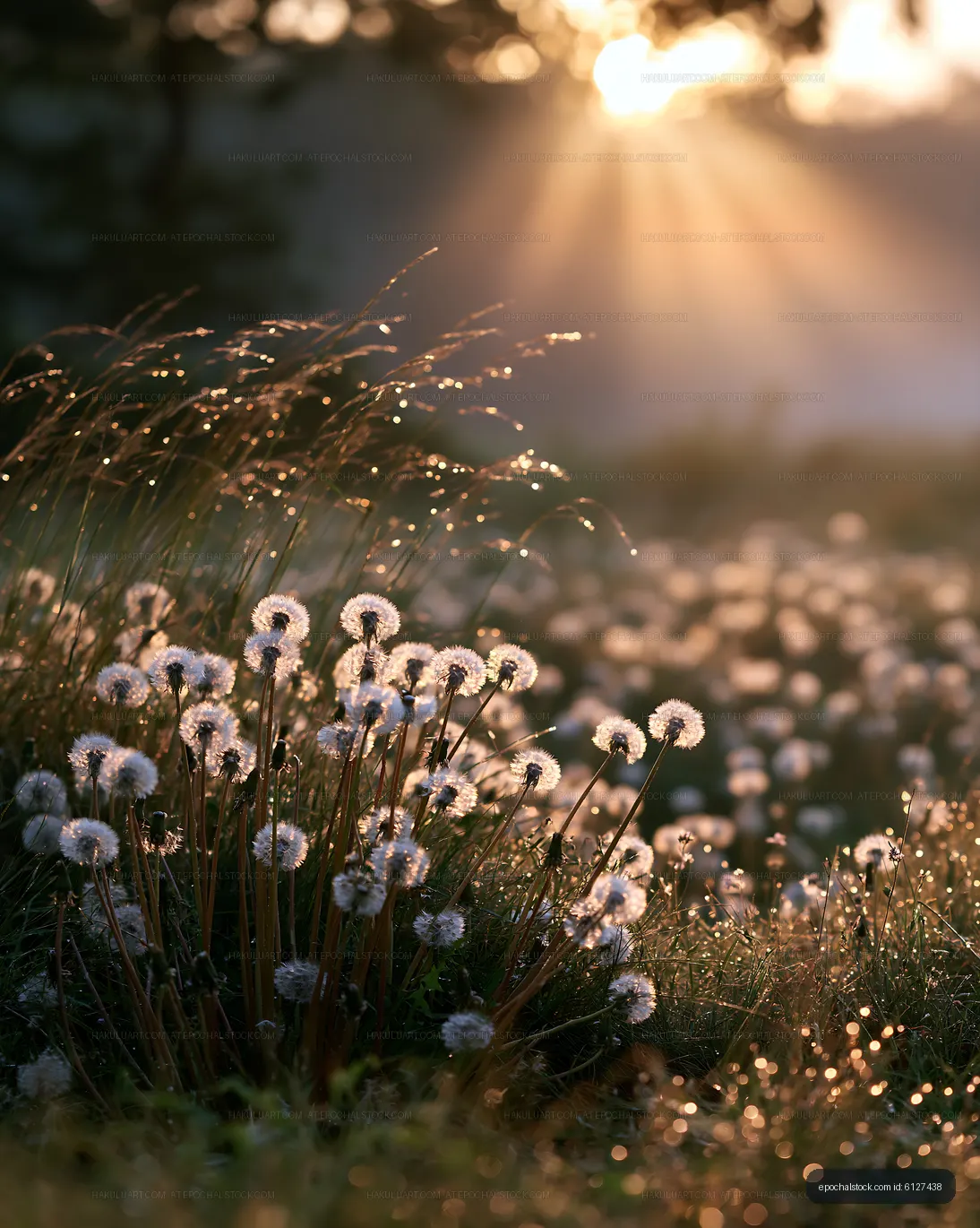 Morning sunlight on dandelions in a meadow