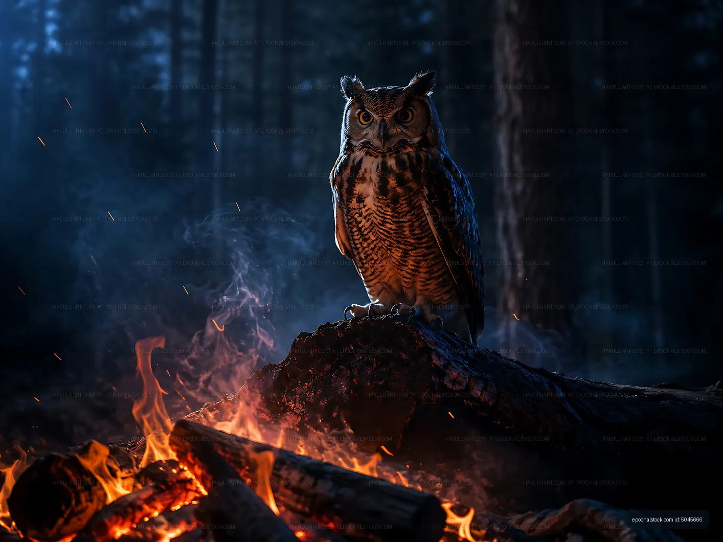 Owl perched on a log near a campfire in the forest at night