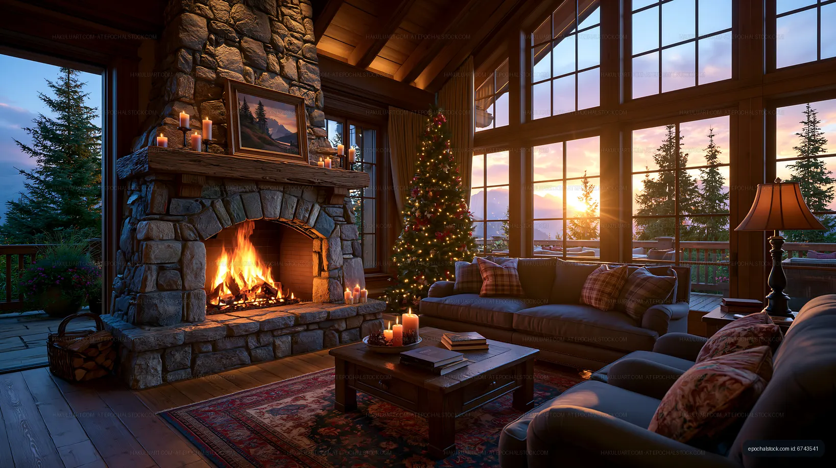 Cozy cabin living room with fireplace and Christmas tree at sunset