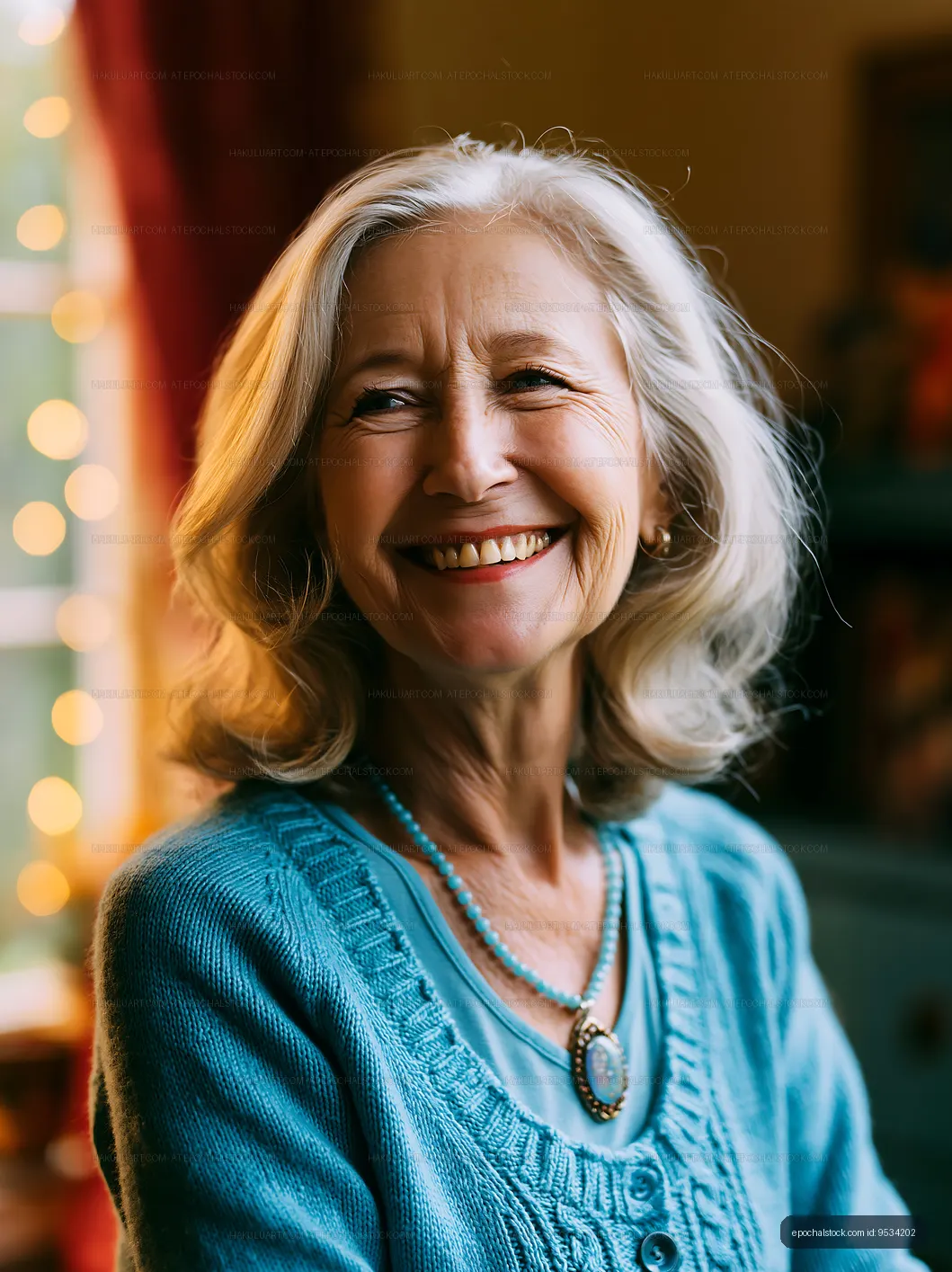 Smiling senior woman in cozy indoor setting with soft lighting