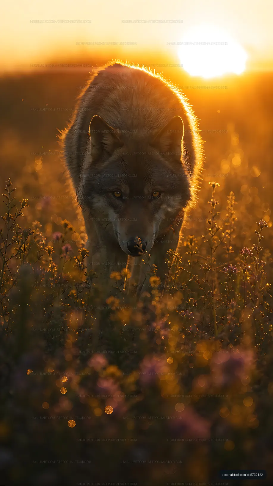 Wolf walking through flowers at sunset