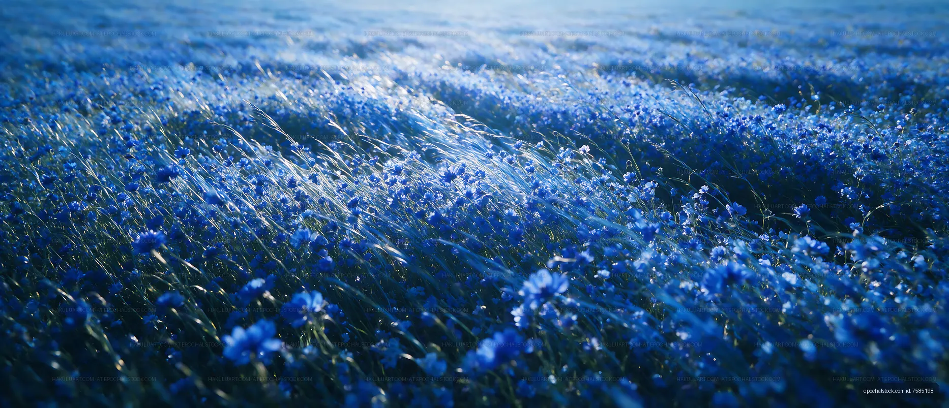 Blue flower field under bright sunlight