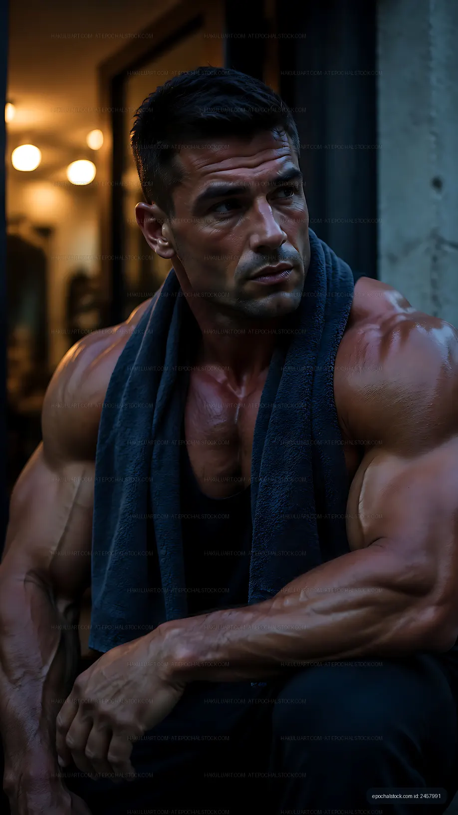 Man resting outside gym with towel around neck