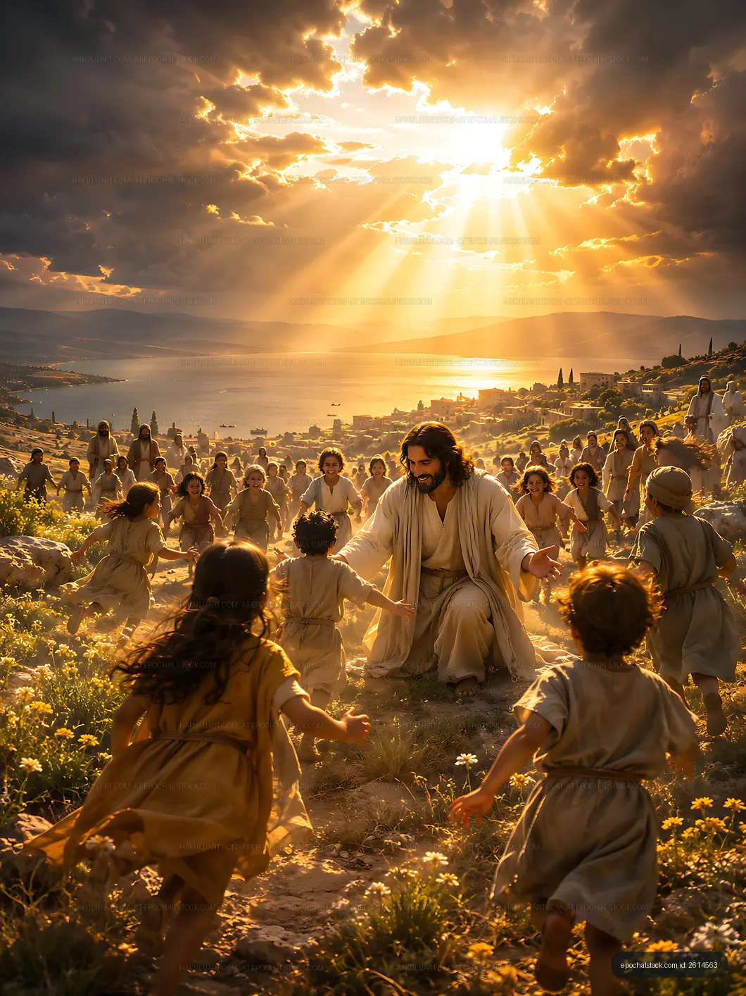 Jesus interacting with children in a scenic landscape