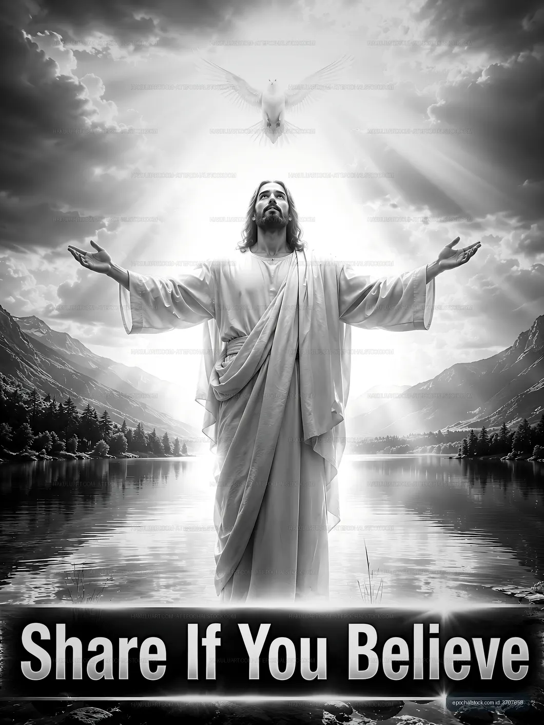 Jesus with open arms above a lake with a dove in the sky