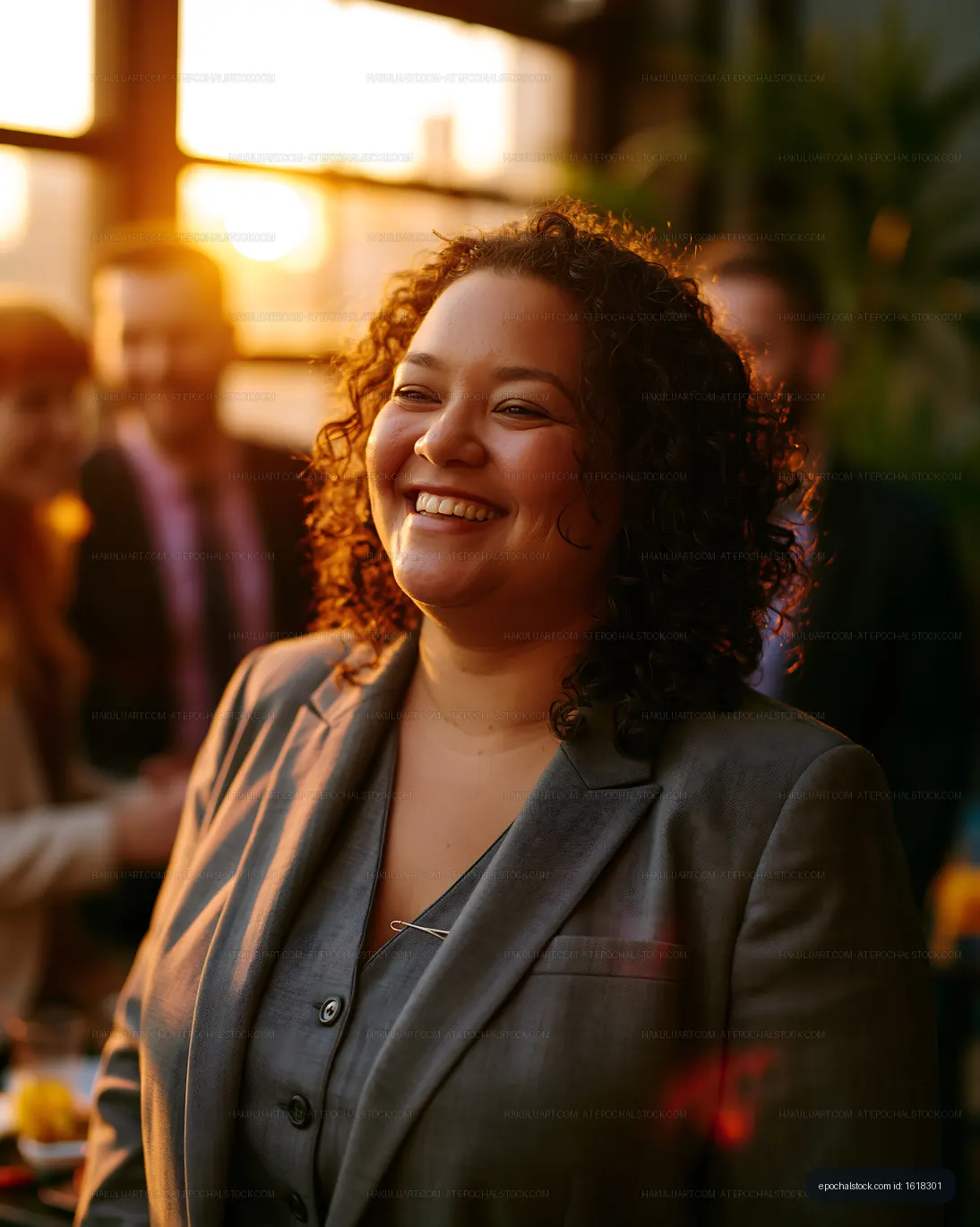 Woman smiling at business event during sunset
