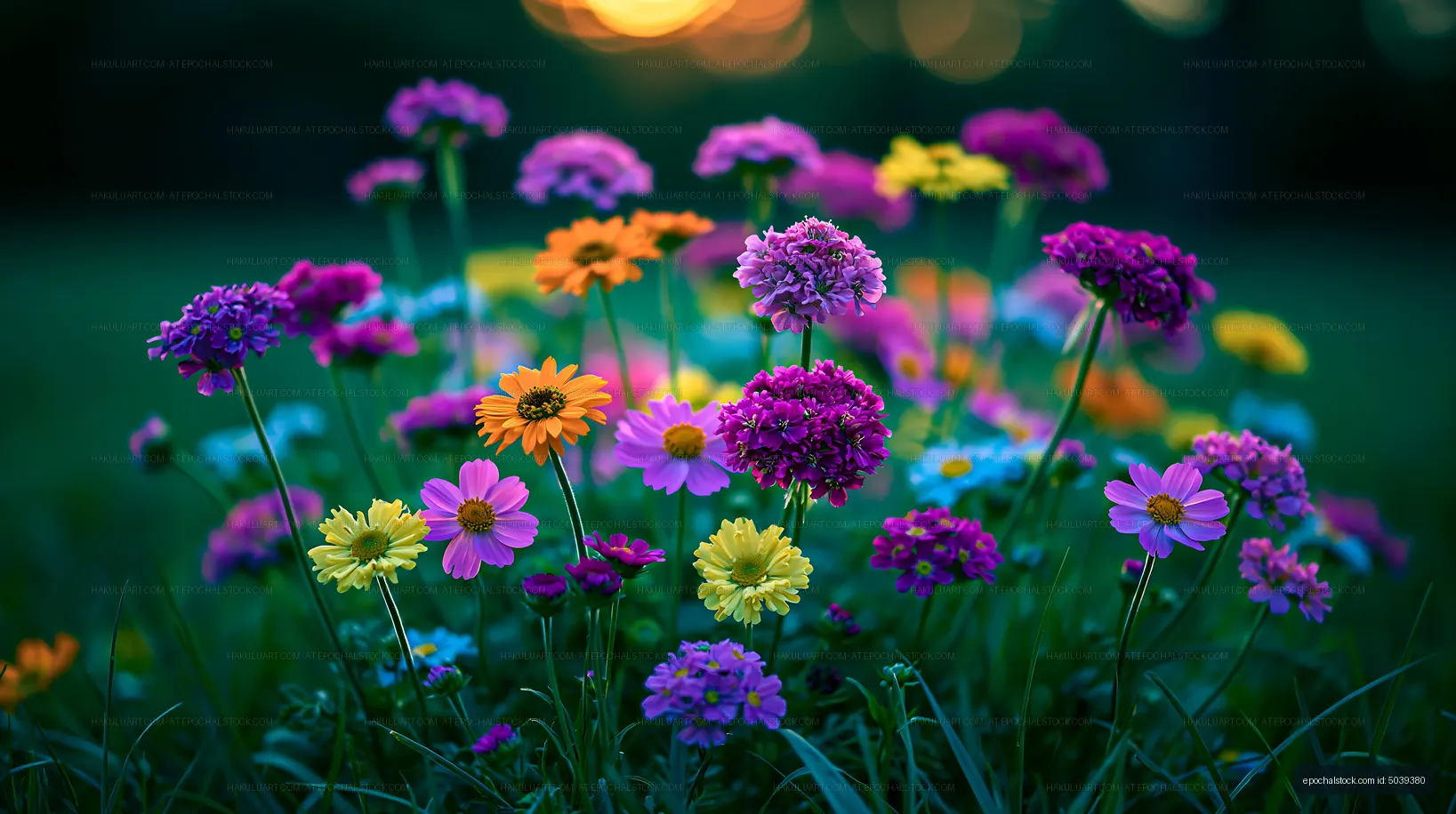 Colorful flowers blooming in a garden during sunset