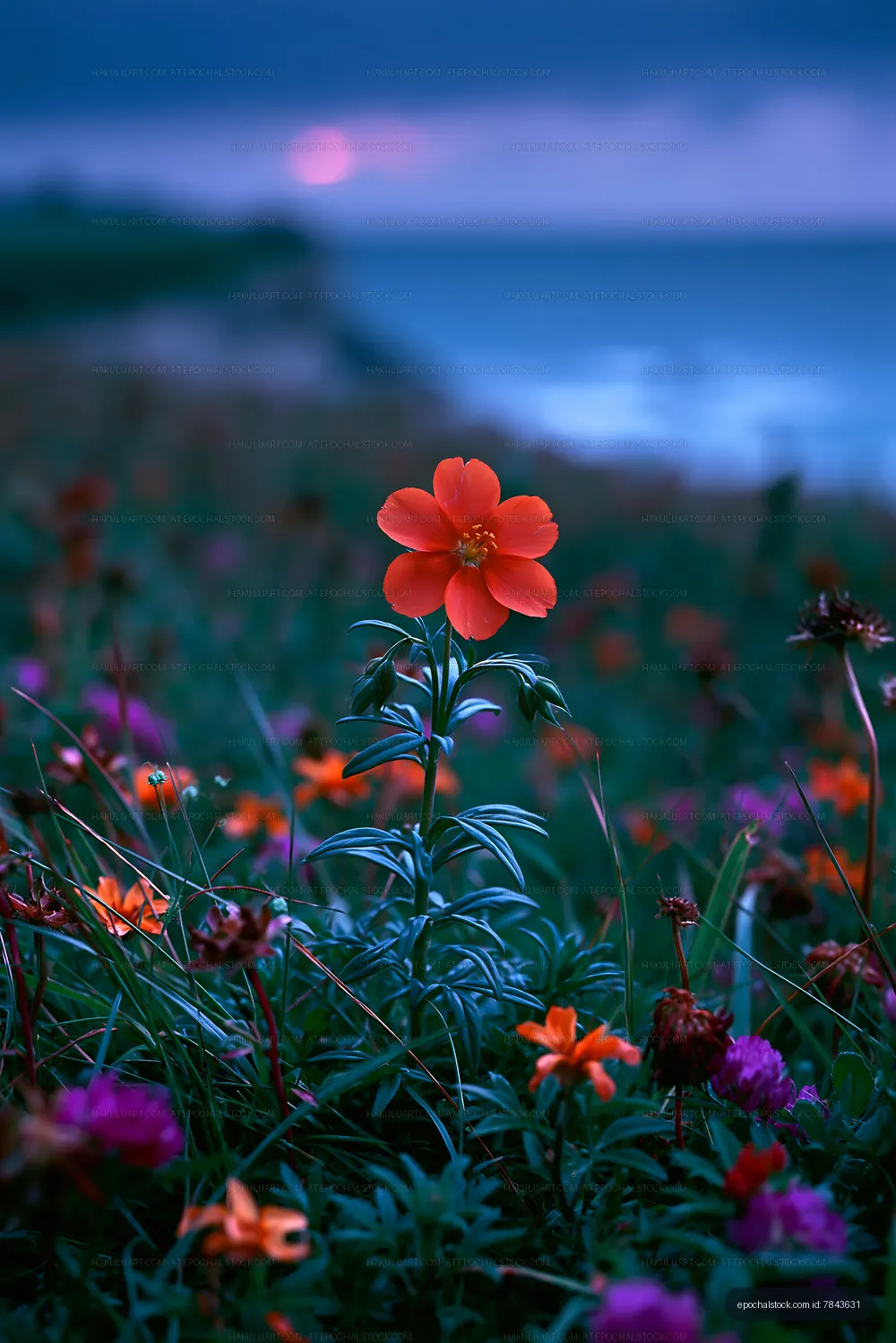 Bright orange flower among green grass by the sea at sunset