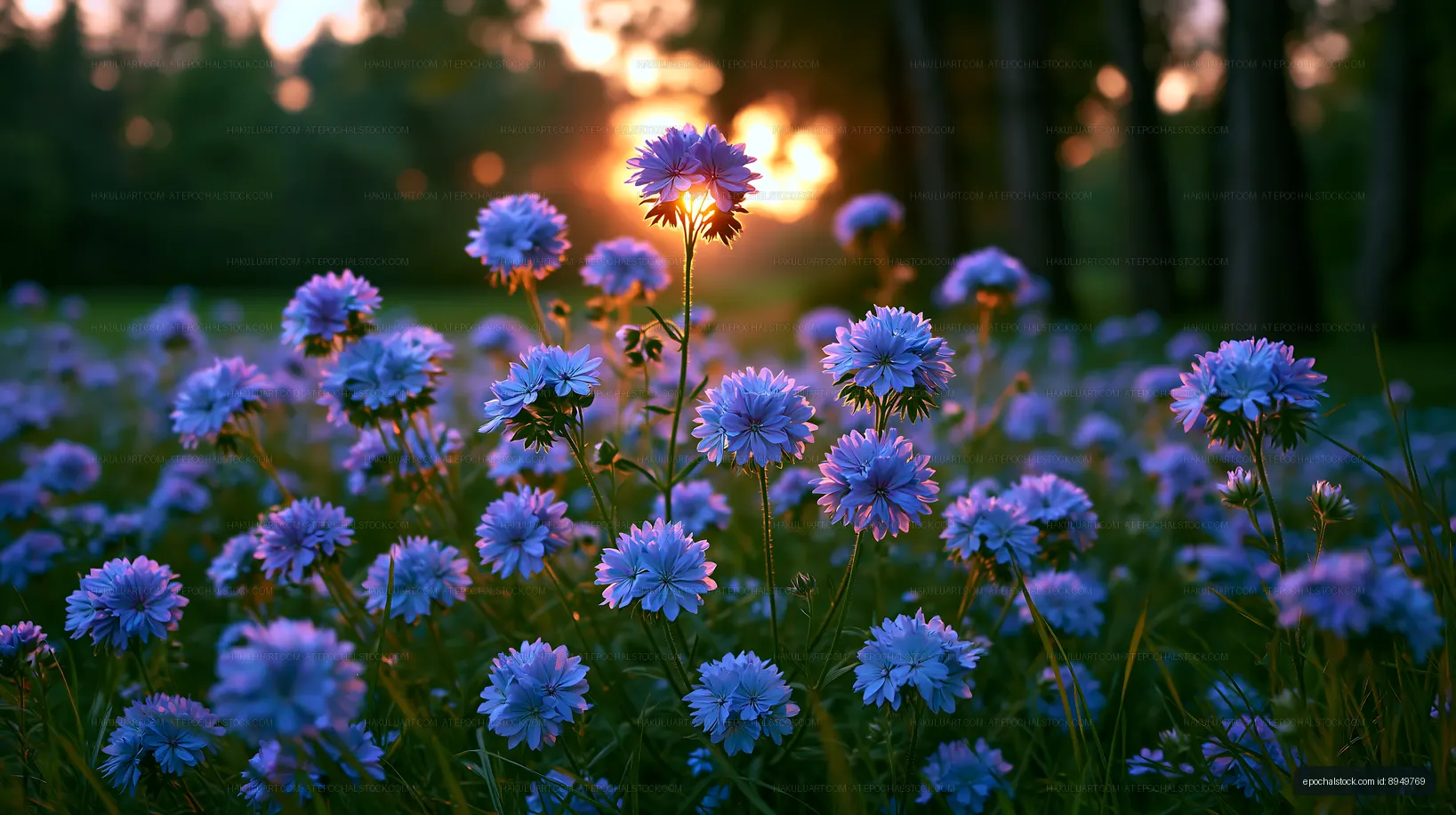 Purple flowers under sunset in a natural setting