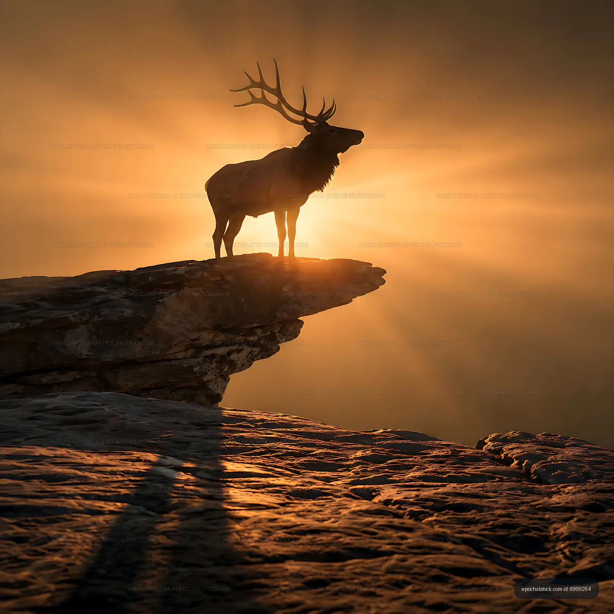 Elk standing on a rock ledge during sunset