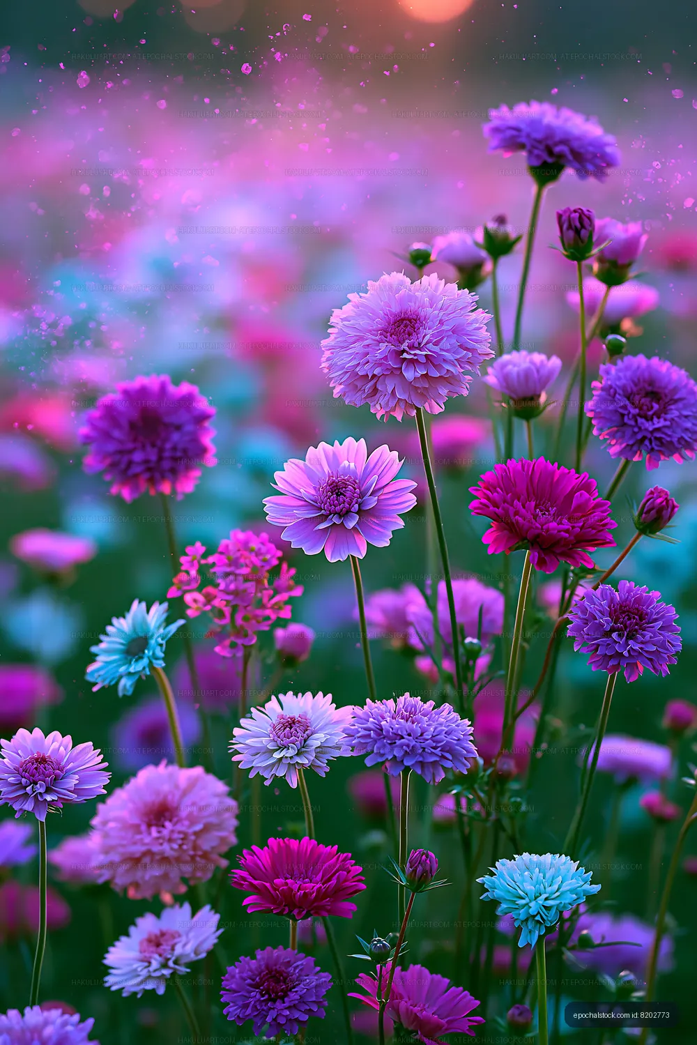 Colorful flowers bloom in a garden during sunset