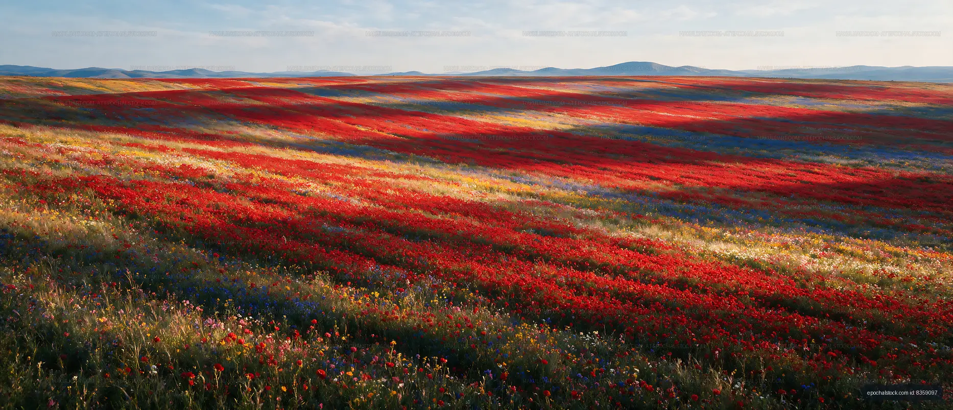 Colorful field of flowers in bloom under a clear sky