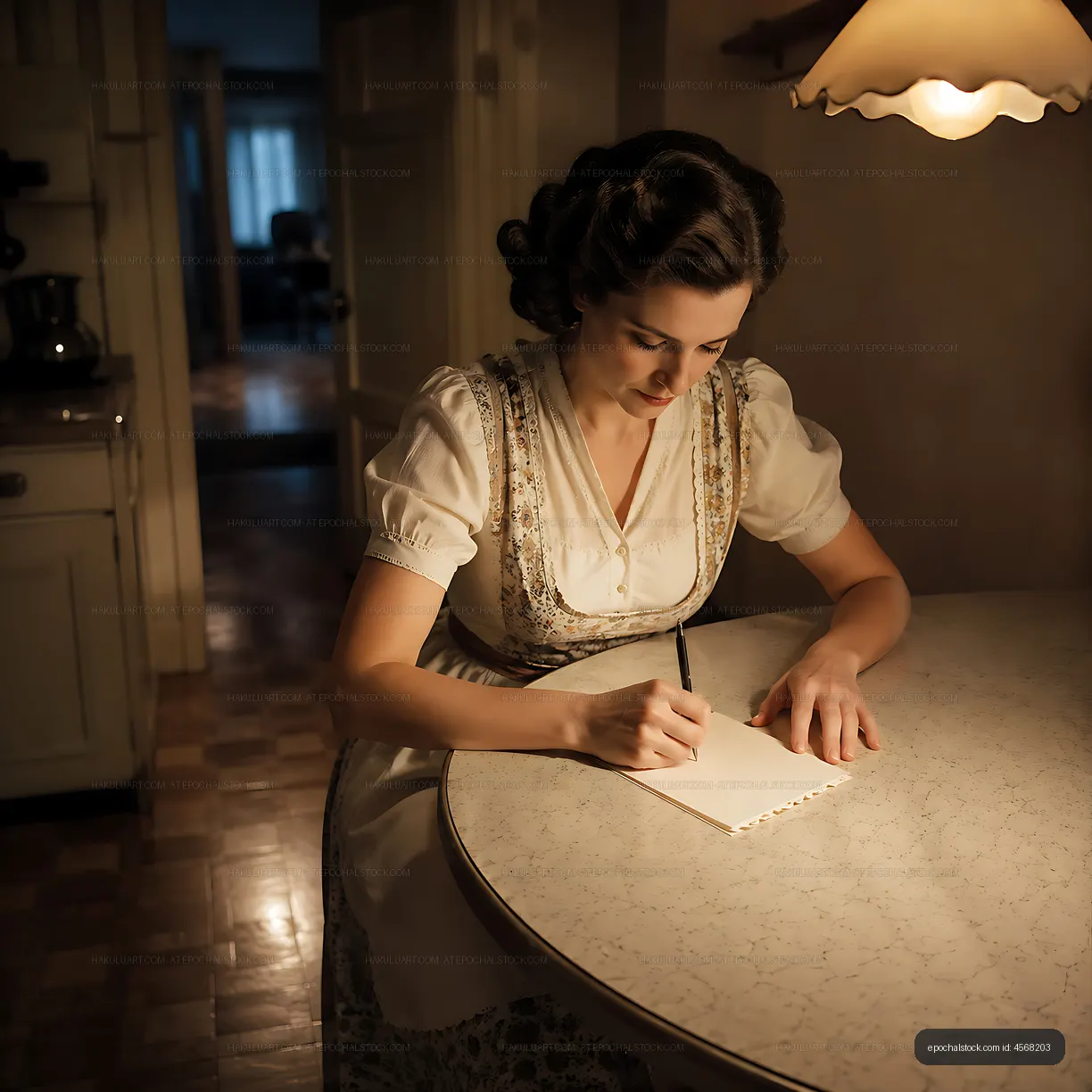 Woman writing at a kitchen table in a vintage-style home
