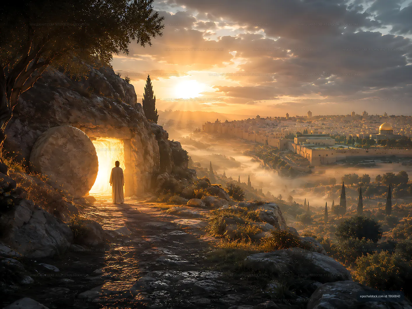 Person standing at an open stone entrance during sunrise