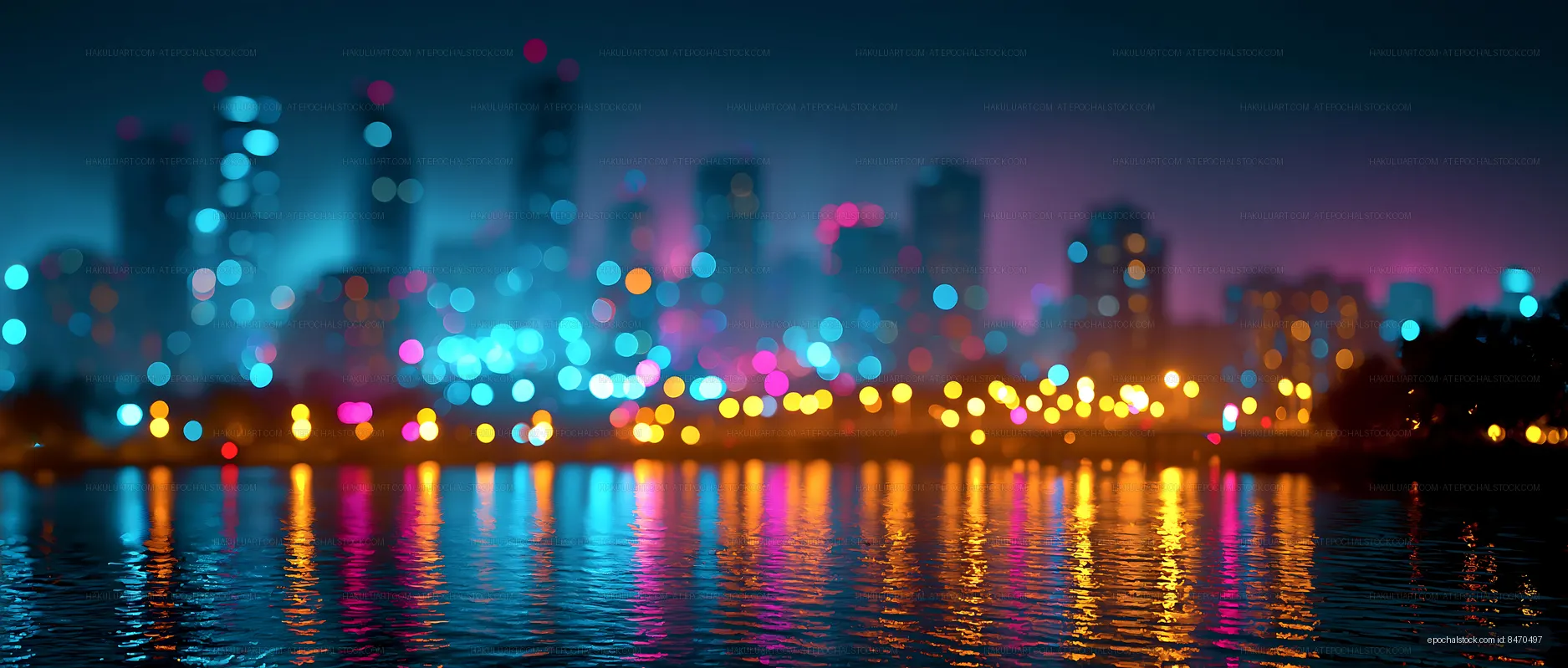 City skyline with colorful lights reflecting on water