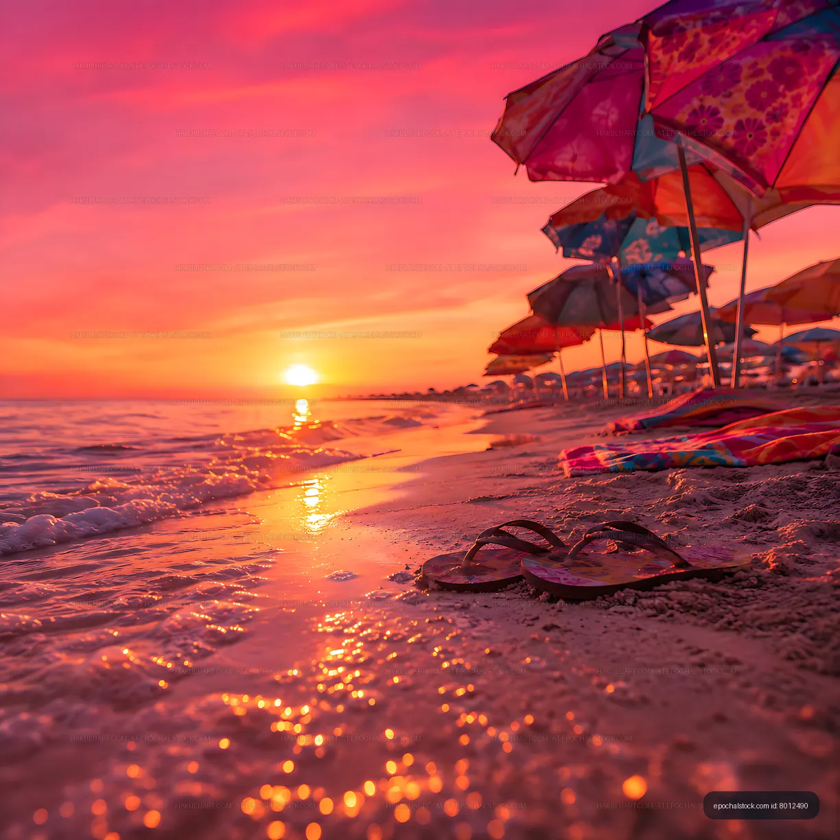 Colorful beach umbrellas at sunset with flip-flops on wet sand