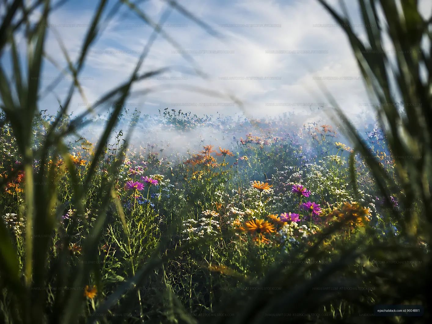 Wildflowers in a green field under a cloudy sky