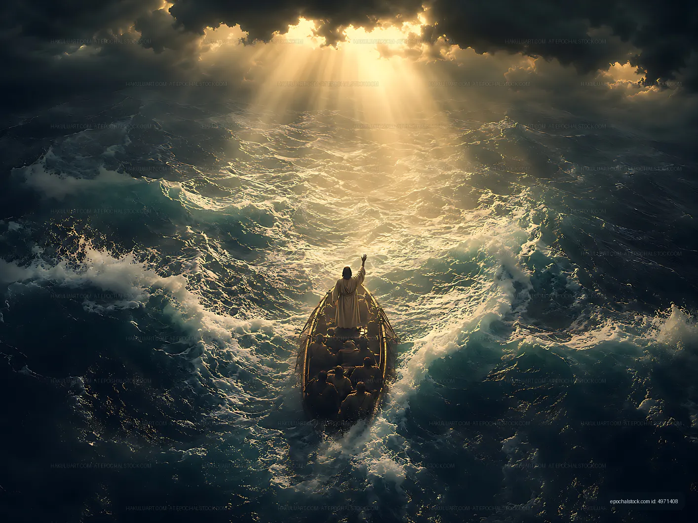 Man in a boat on stormy sea with sunlight breaking through clouds