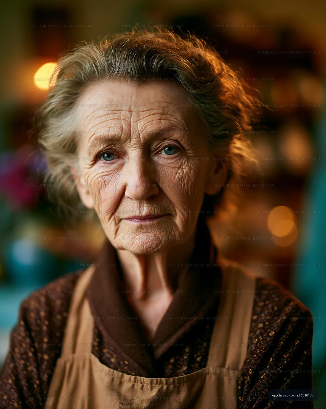 Elderly woman with wrinkles wearing a brown apron