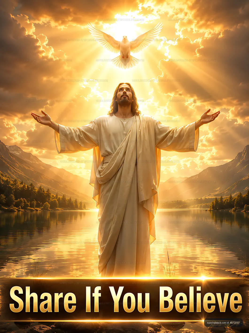 Jesus with outstretched arms and dove in glowing landscape scene