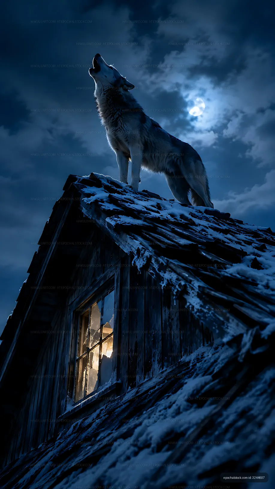 Wolf howling on the roof under the moonlit sky