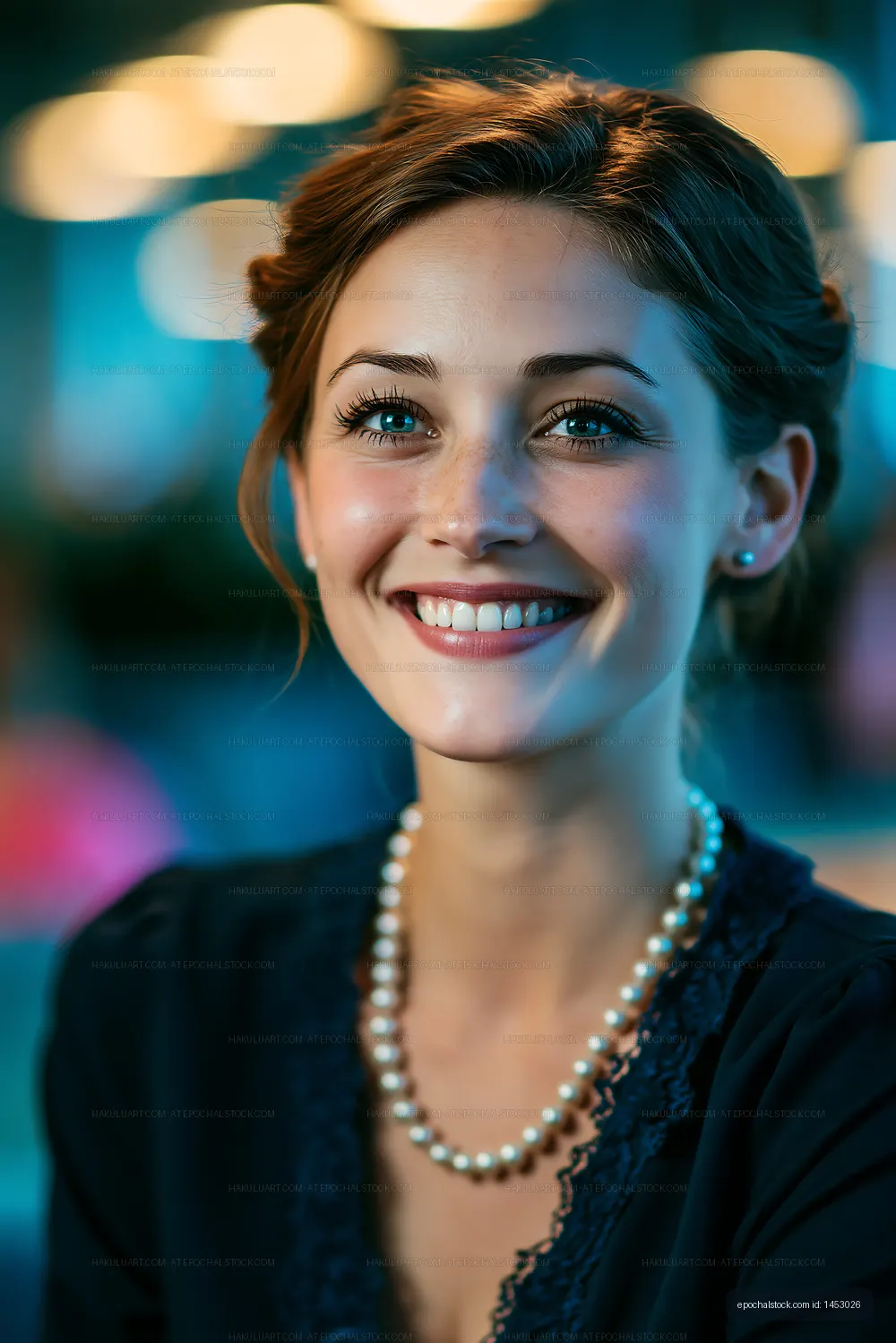 Young woman smiling in a social setting with warm lighting