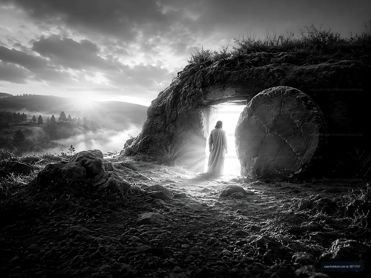 Figure stands at entrance of cave with large stone wheel