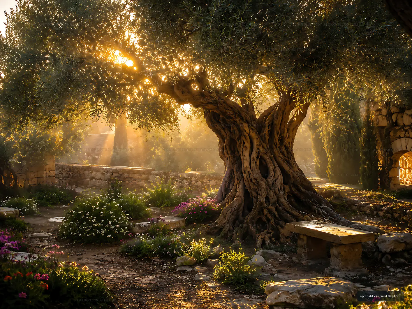 Sunlight shines through olive tree in garden at golden hour