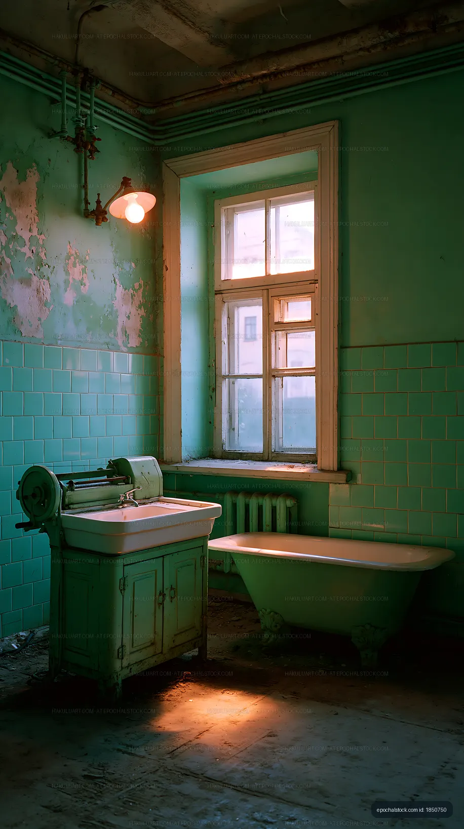 Old bathroom with vintage tub and sink in a dilapidated room