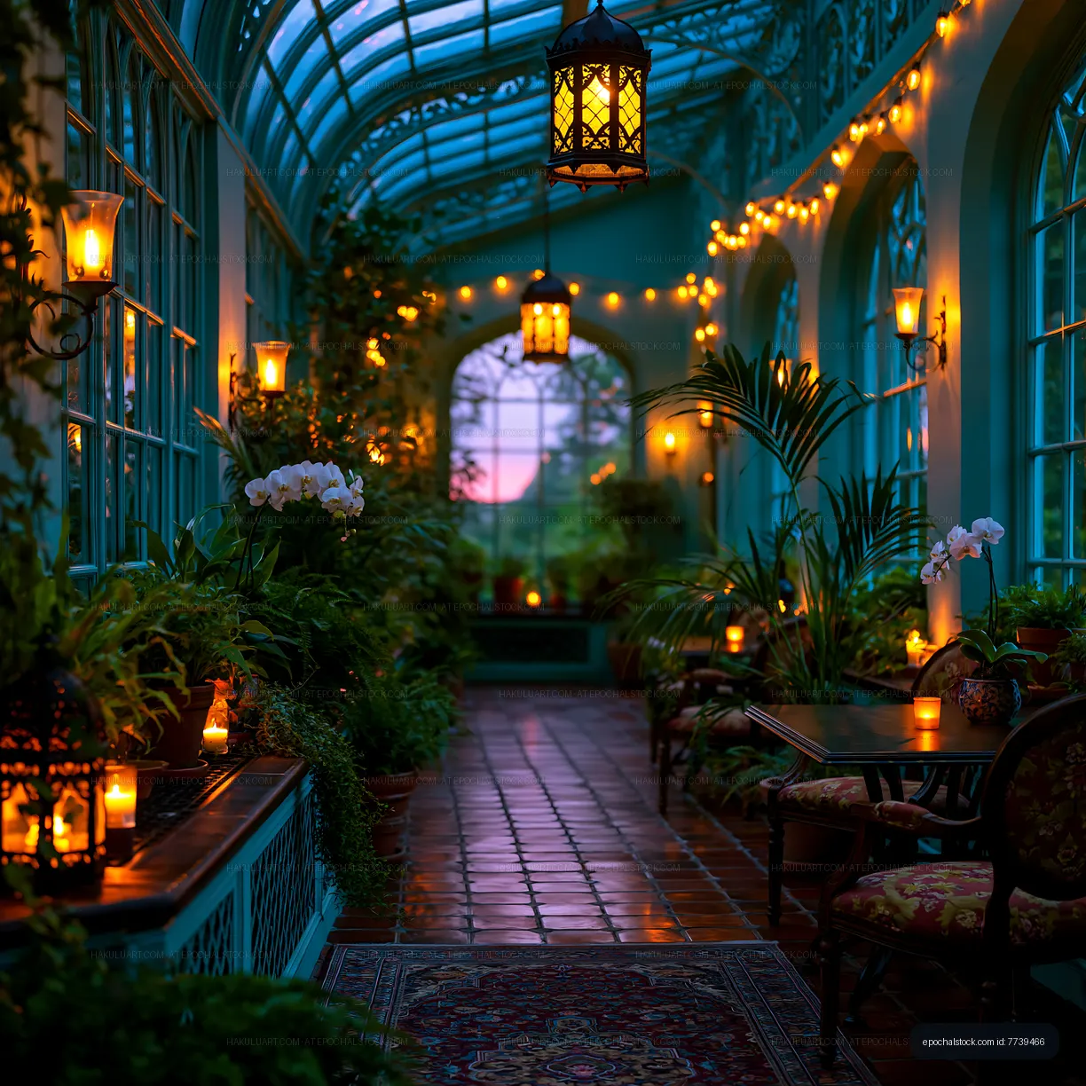 Beautiful indoor garden with lights at dusk