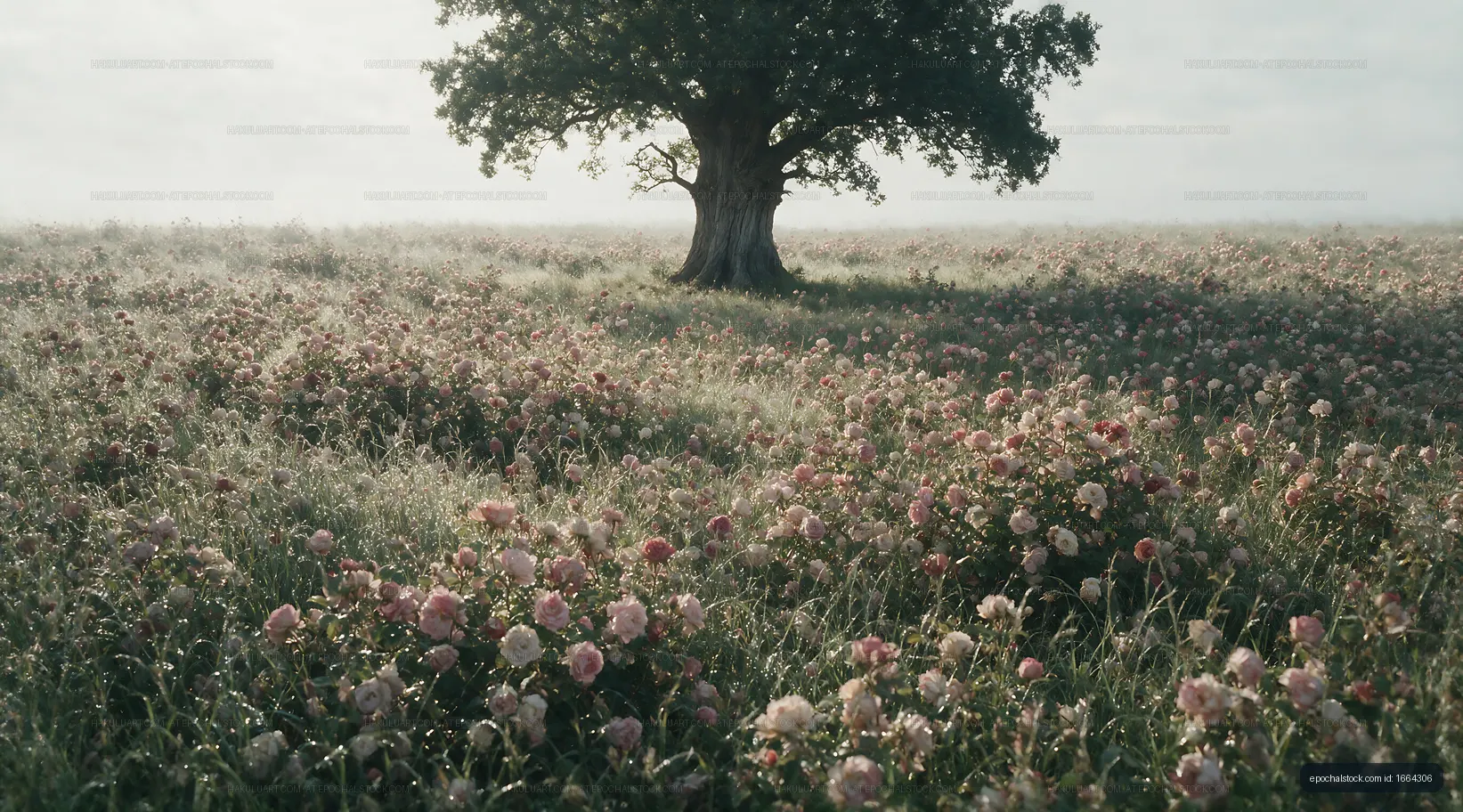 Large tree standing in a field with flowers under cloudy sky